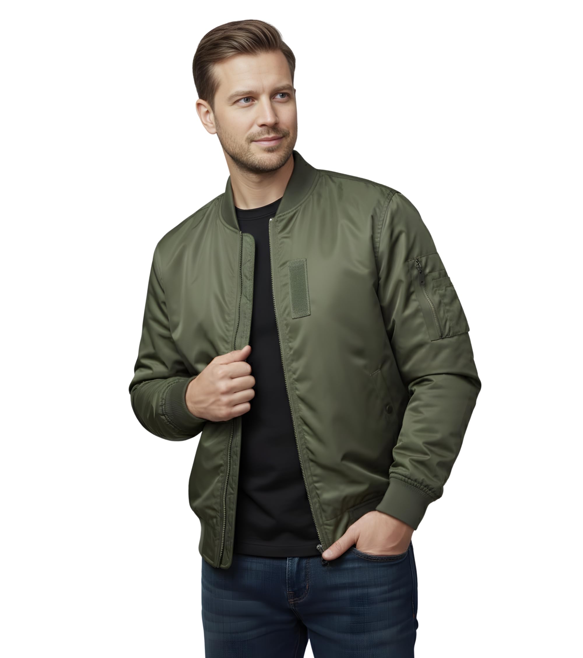 L'MONTE Polyester Men's Imported Windproof Standard Length Bomber Casual Fall Winter Jacket Full Zip Padded Coats Outwear (Medium, Green)