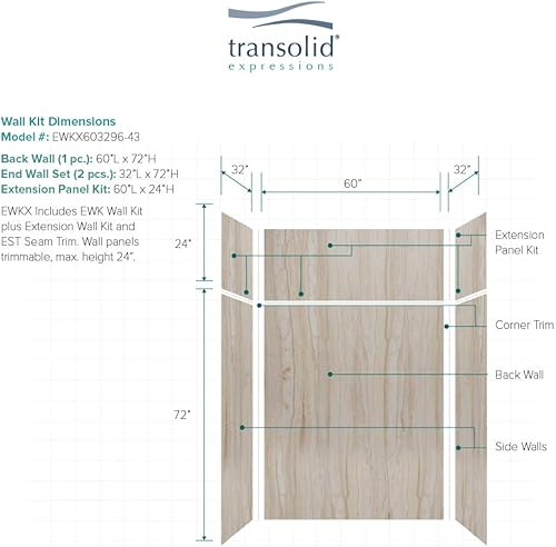 Miniatura 124 de Transolid EWKX483696-41 Expressions - Kit de pared de ducha de 6 paneles con extensión, 36 pulgadas de largo x 48 pulgadas de ancho x 96 pulgadas