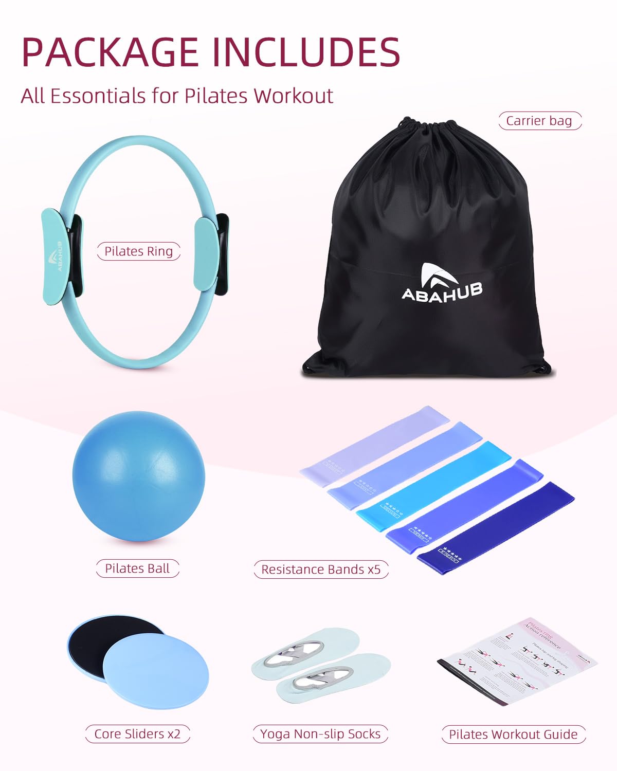 Abahub Pilates Ring Set, 35CM Magic Circle, 25CM Mini Ball,5er Set Fitnessbänder,Yoga Socken,Gleitscheiben,für Frauen Heimtraining, für Kraft, Flexibilität, Stabilität und Körperstraffung