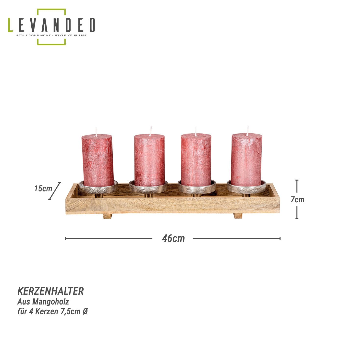 levandeo Adventskranz Holz Lang L46cm Mango Weihnachtsdeko Kerzen Tablett Tischdeko Weihnachten Kerzenständer Adventskerzenhalter Deko