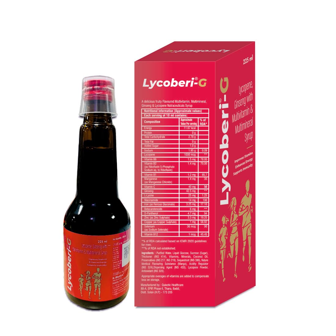 Lycoberi-G Lycopene Ginseng Multivitamin and Multimineral Syrup, 225 ml, help to Improves Stamina Enhances Energy and Supports Immunity Booster (Pack of 1) 1