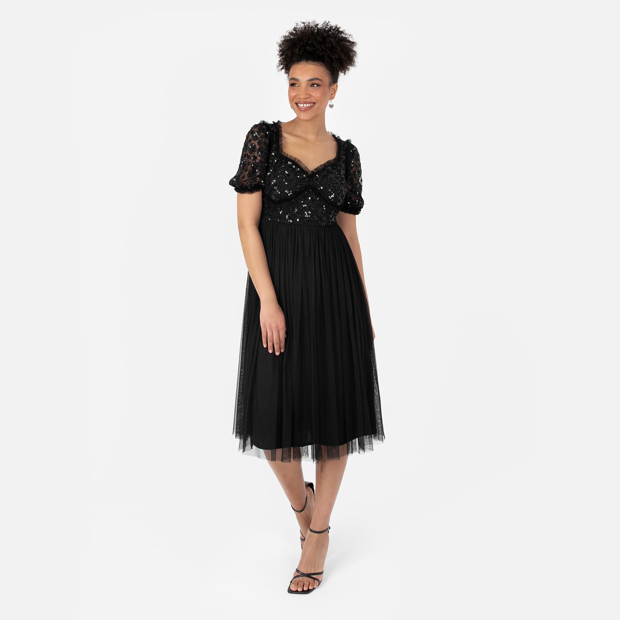 Maya Deluxe Women's Ladies Midi sukienka krótkie rękawy Sweetheart Neckline 3D Floral Embellished Ruffle Tiul A-line Occasion czarna 38, czarny, 38