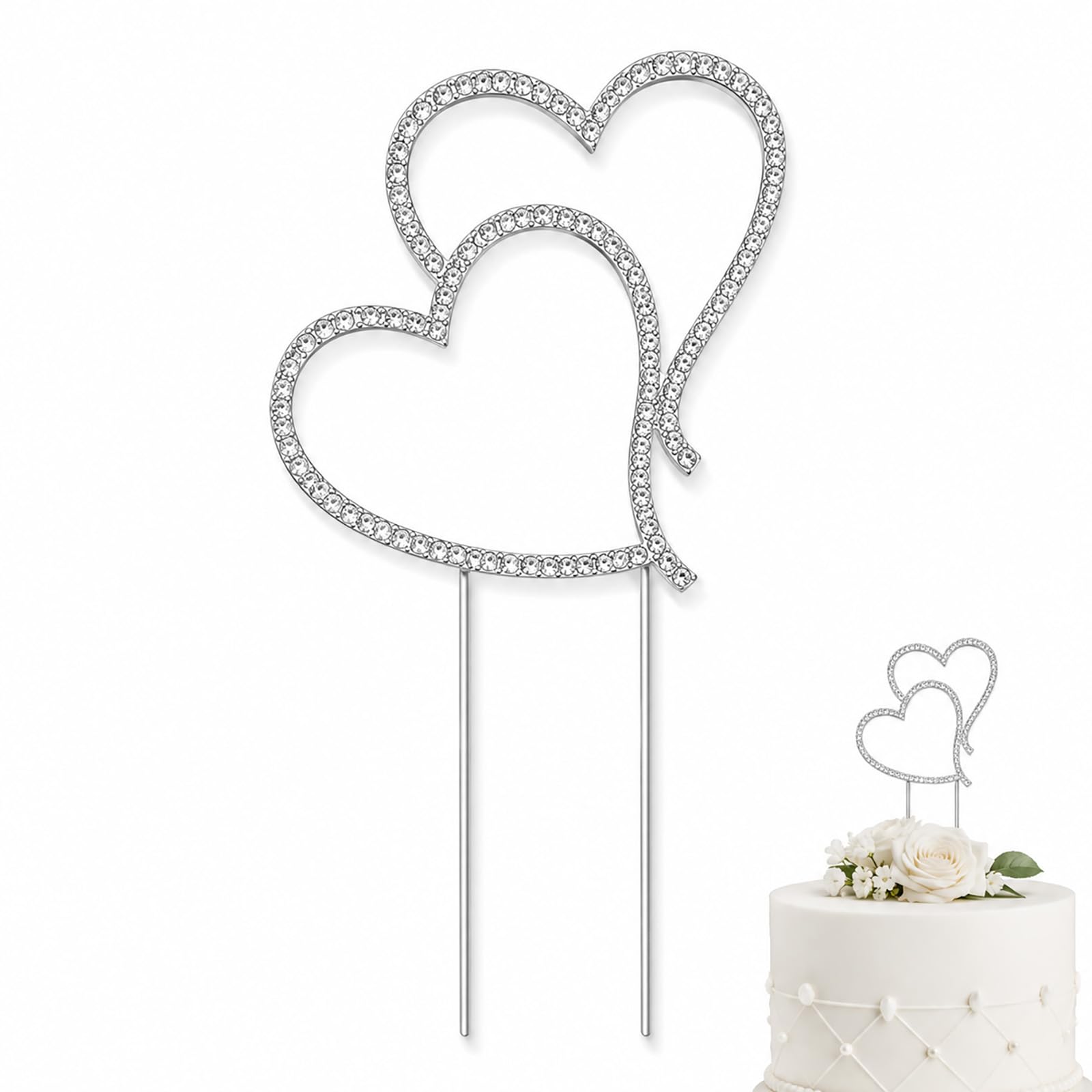 Silver Rhinestone Double Hearts Cake Topper for Wedding Birthday Events