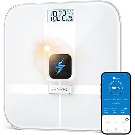 RENPHO Scale for Body Weight and Fat Percentage, Solar Power Bluetooth Weight Scale, Smart Digital Bathroom Scale with App, 400 lbs - Elis Solar, No Battery Required, White