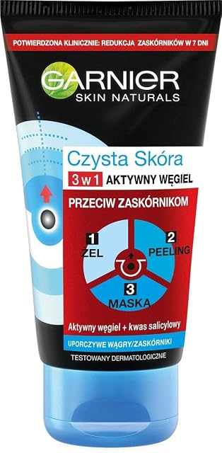 Garnier Czysta Skóra Aktywny węgiel 3w1: Żel myjący, peeling, maseczka, przeciw zaskórnikom,150ml