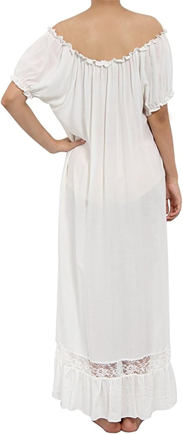 MaxxCloud Women's 100% Cotton Off The Shoulder Lace Victorian Nightgown Sleepwear Long Beach Dress - Image 2