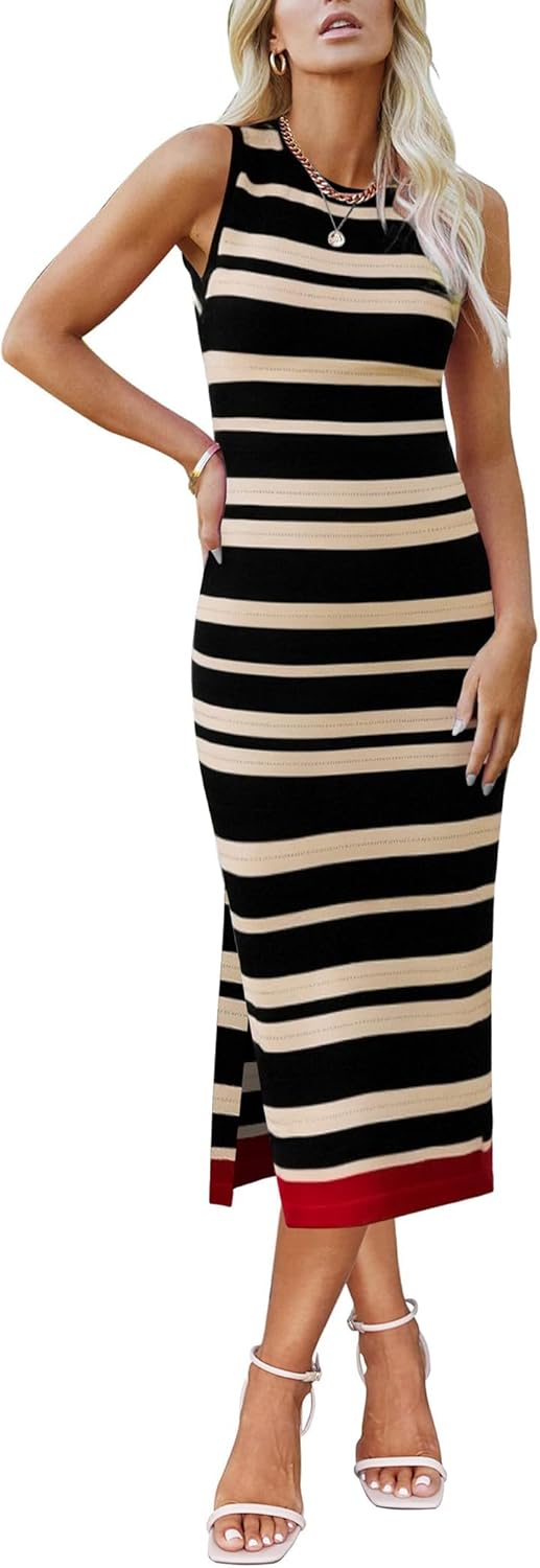 Zeagoo Womens Bodycon Midi Dresses Summer Casual Sleeveless Dress Women Knit Side Slit Striped 2025 Long Tank Dress