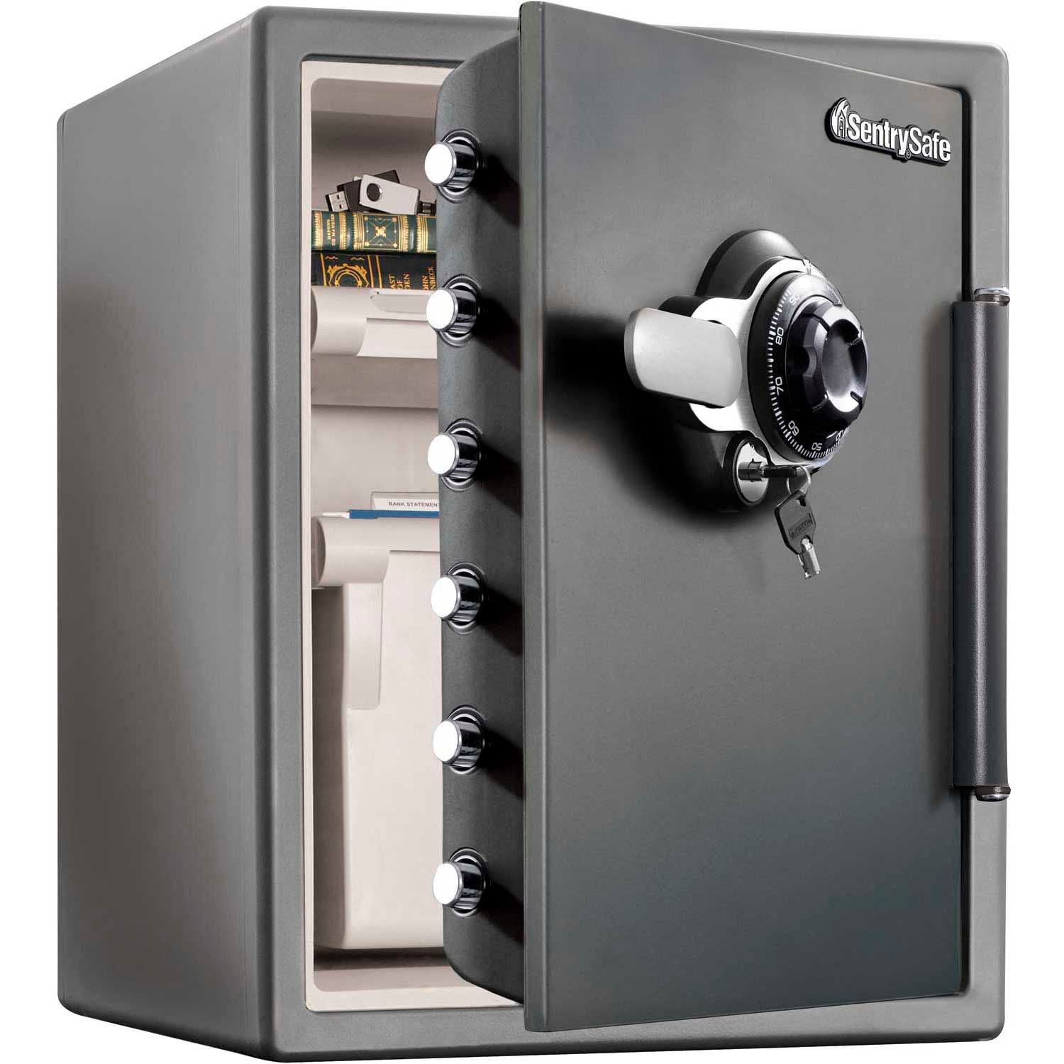 SentrySafe SFW205DPB Combination Fire Safe with door open, showing interior storage and combination lock.