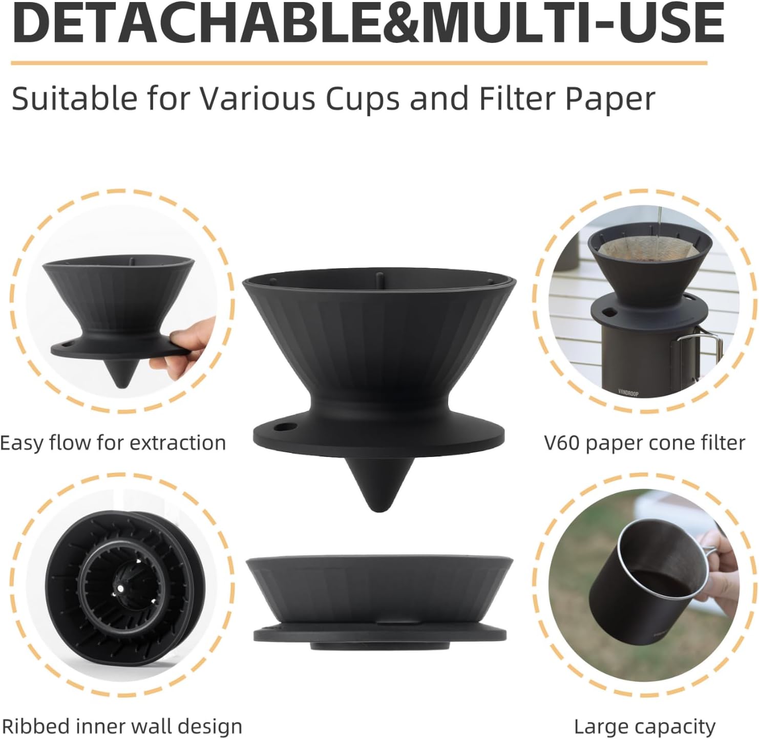 Camping Pour Over Coffee Maker Set, Travel V60 Set - Collapsible Silicone Coffee Dripper, 2 Portable Stainless Steel Cups, With 10 pcs V60 Paper Filter (BLACK, for 2-3 People)