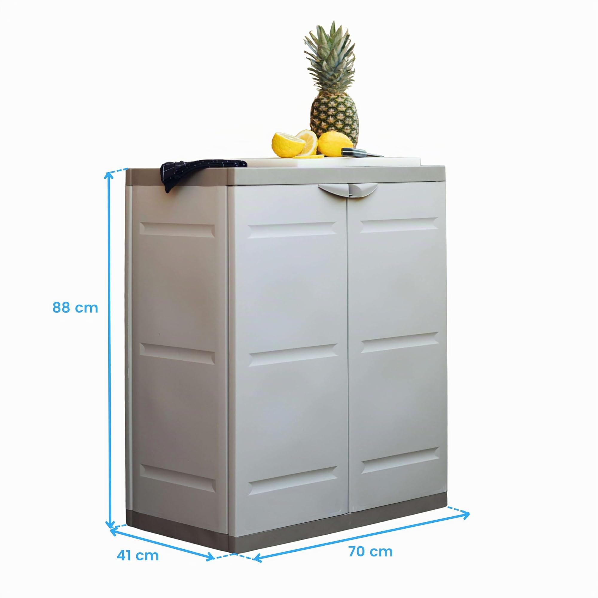 Miroytengo Armadio 2 ante e 2 ripiani interni, armadio basso esterno, armadio in resina titanio beige 70x88x41 cm
