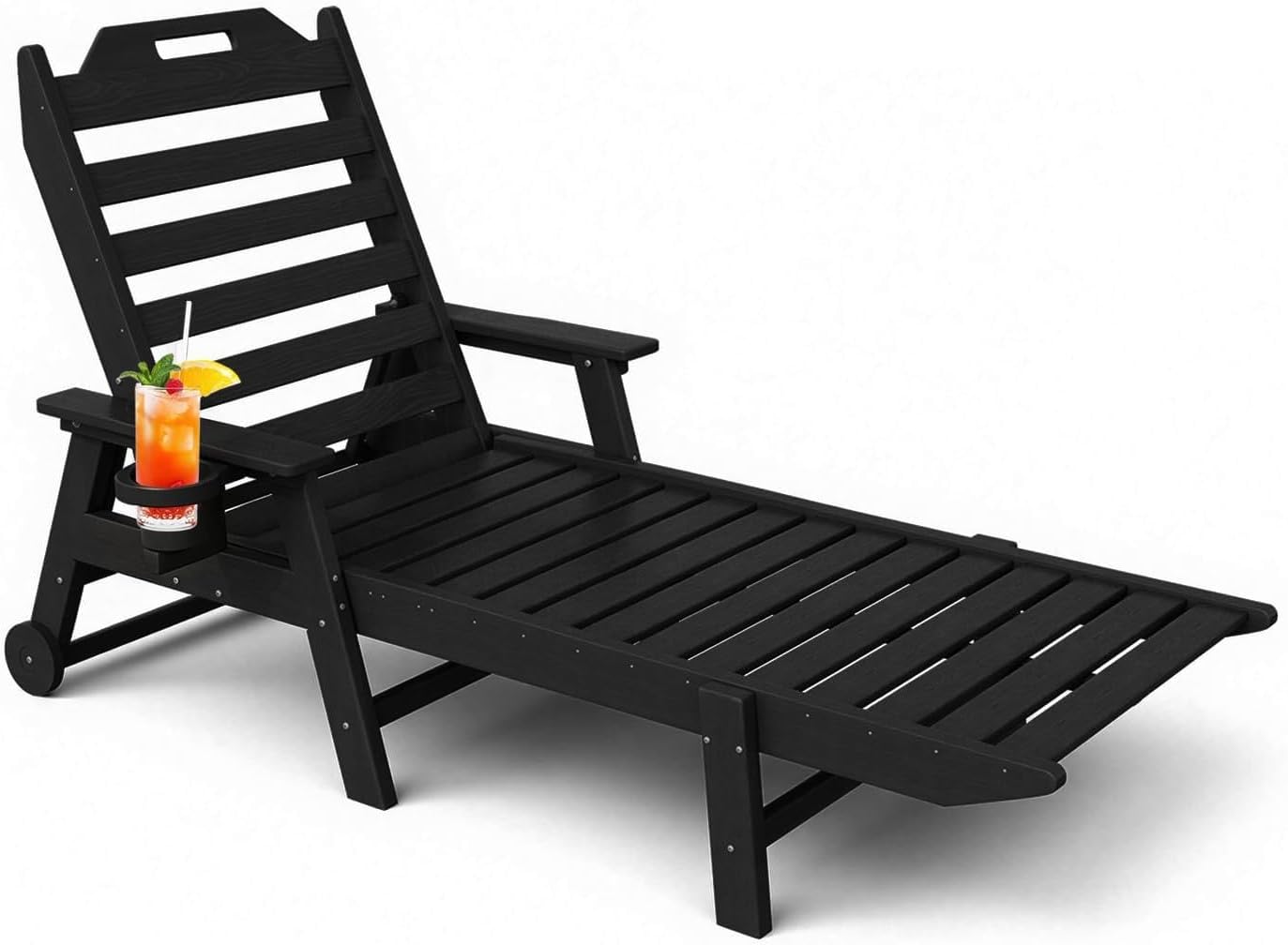 Mdeam 6-Position Lounge Chair Outdoor, 22" W Oversized Sun Tanning Chair, 500LBS Capacity, HDPE All-Weather Patio Lounge Chaise with Wheels Cup Holder for Pool Beach Backyard Lawn Deck, Black