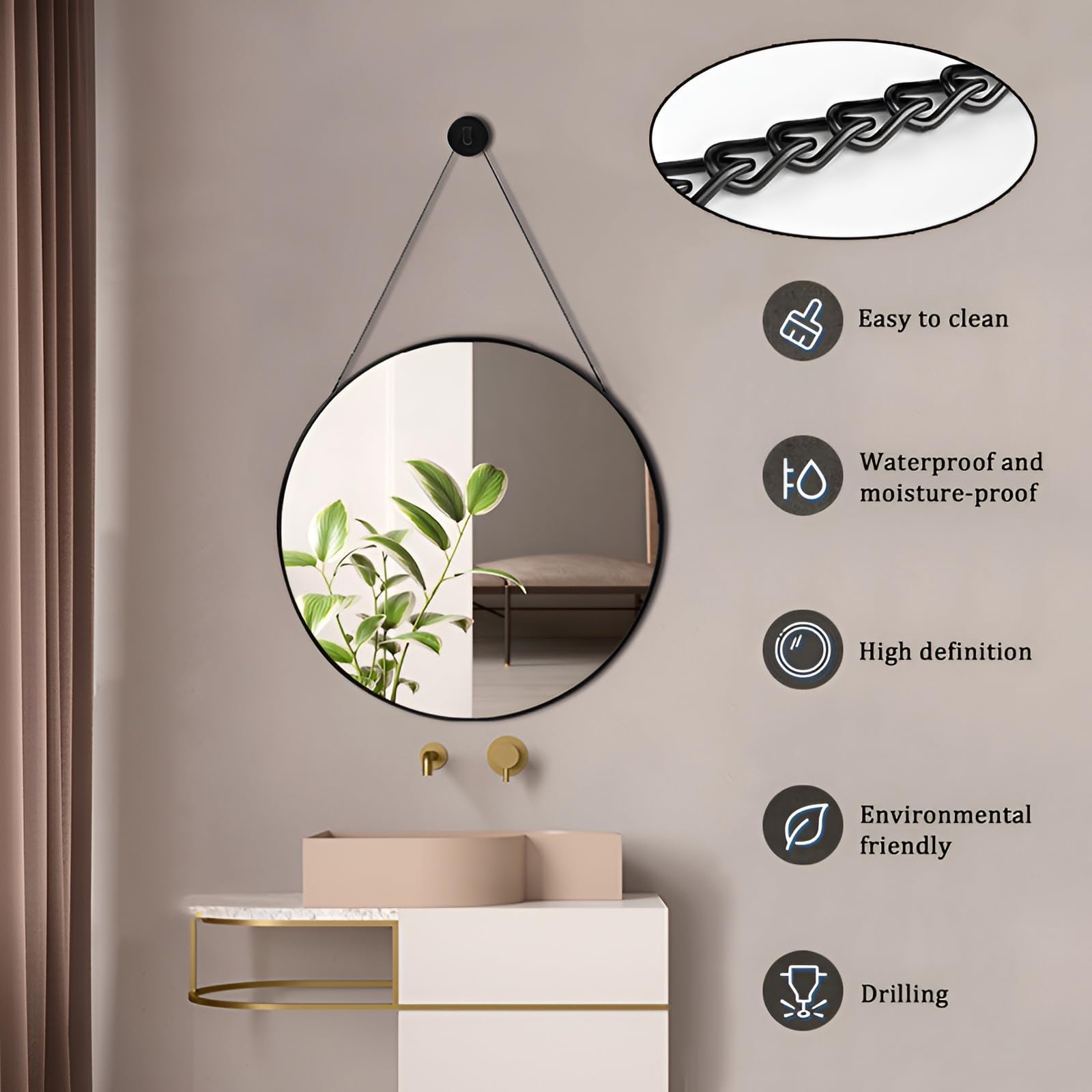 Moderno specchio rotondo da parete con cornice nera, 30/40/50 cm, specchio da appendere per bagno, soggiorno, camera da letto (50 x 50 cm), elegante decorazione per la casa