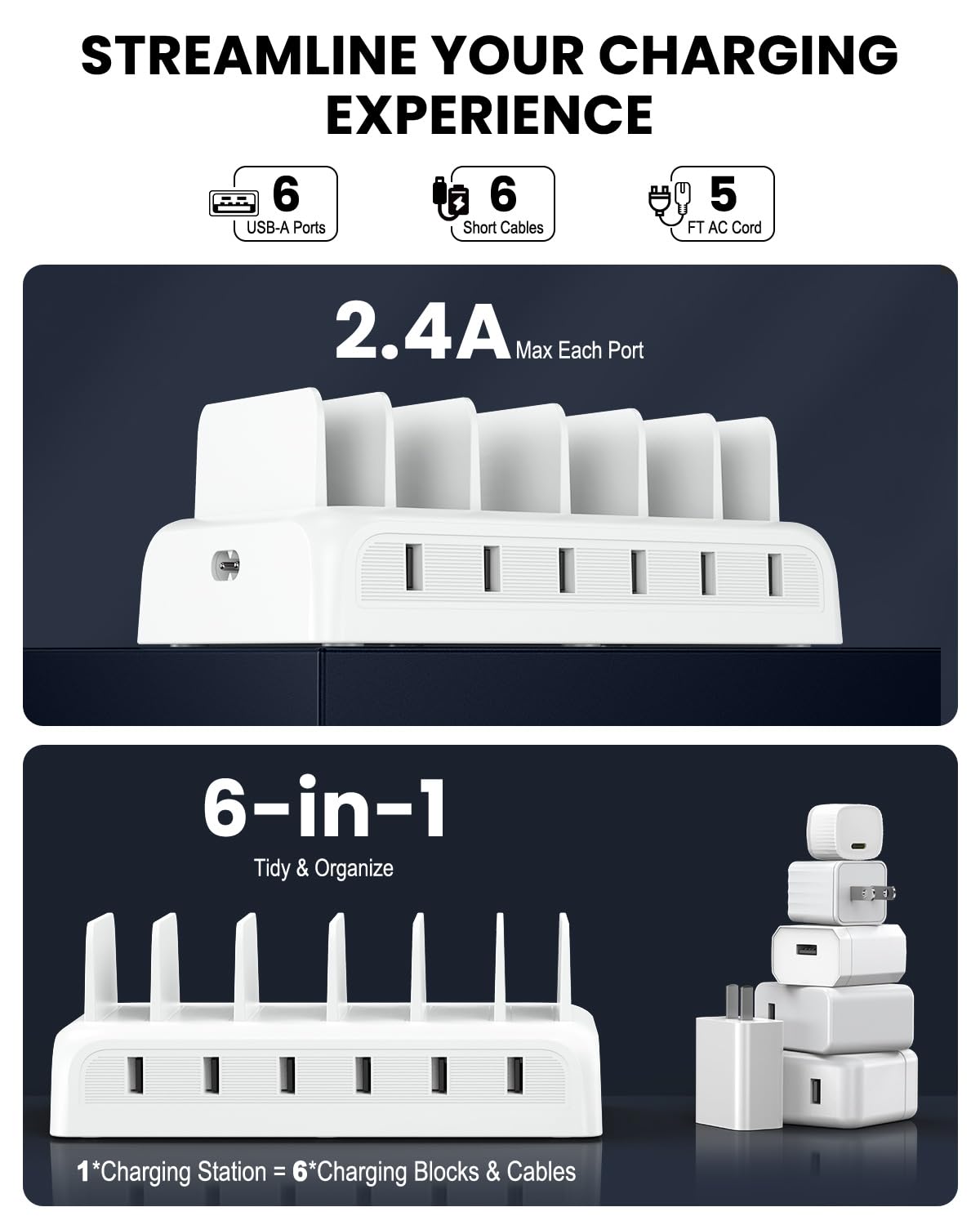 Stazione di ricarica per più dispositivi, 50 W, 6 porte, stazione di ricarica rapida per iPhone, iPad, cellulare, tablet, stazione di ricarica multi-dispositivo con 6 cavi di ricarica