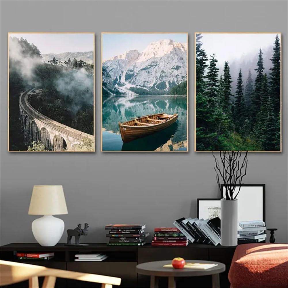 3 Pieces-Abstract Art Prints Mountain Lake Forest Road Wall Art Canvas Painting Nordic Posters And Prints Wall Pictures for Living Room Decor-50 * 70cm (No Frame)