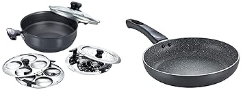 Prestige Aluminium Multi-Kadhai 22 cm, Black & Silver Aluminium Omega Deluxe Granite Fry Pan, 28 cm, Black (36306)