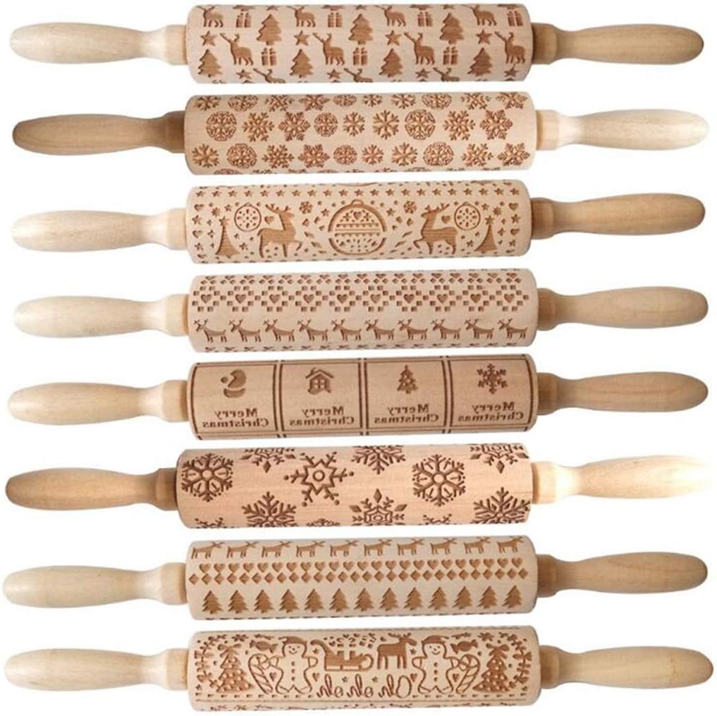 8 Pcs Rolling Pin With Pattern, Christmas Rolling Pin Wooden Carving Embossed Rolling Pin Cookies Dough,Baking Kneading Tool