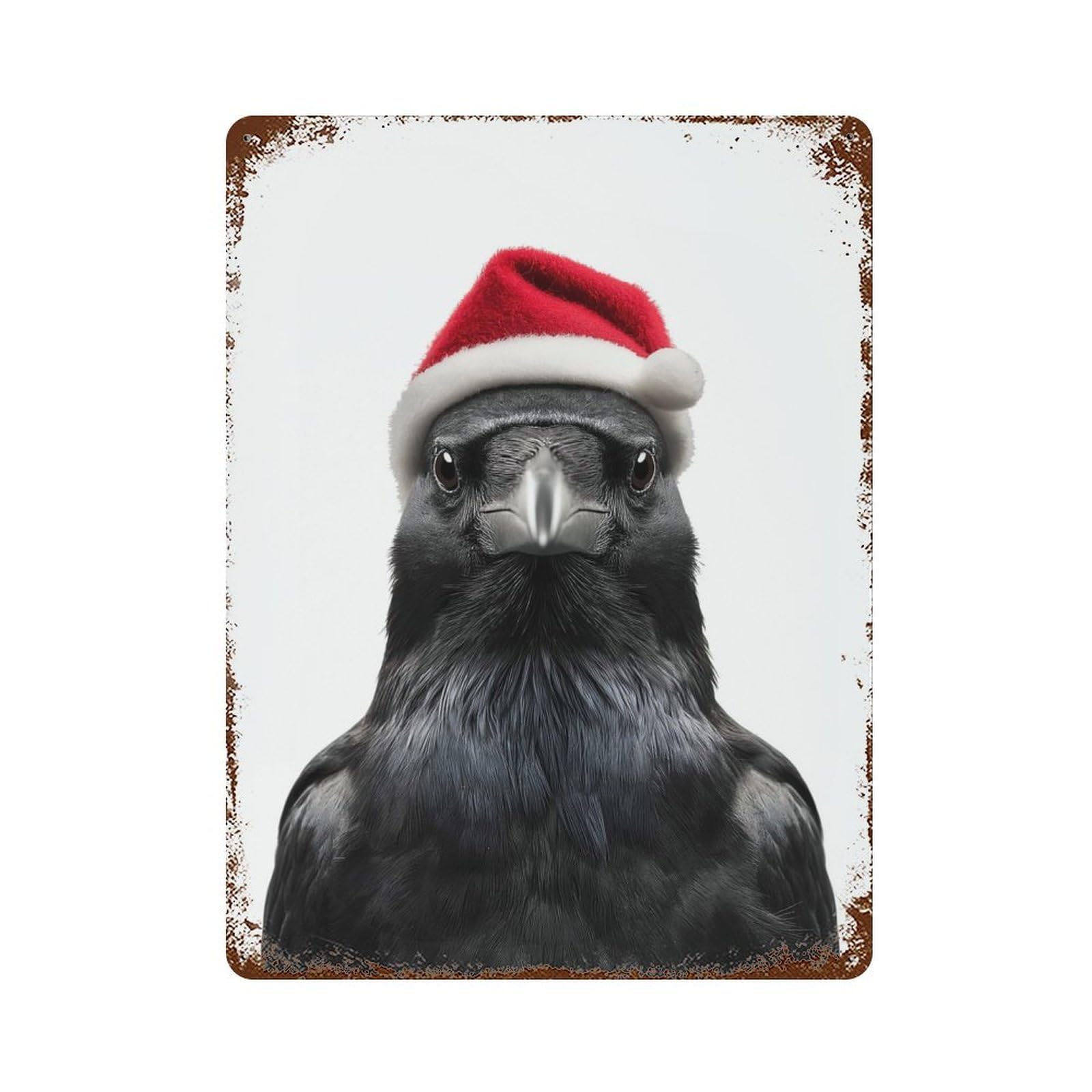 Rust Effect Christmas Crow Wearing Santa Hat Vintage Rust Metal Sign 15.7"x11.8", Classic Wall Plaque for Shed, Workshop And Garage Wall Decor