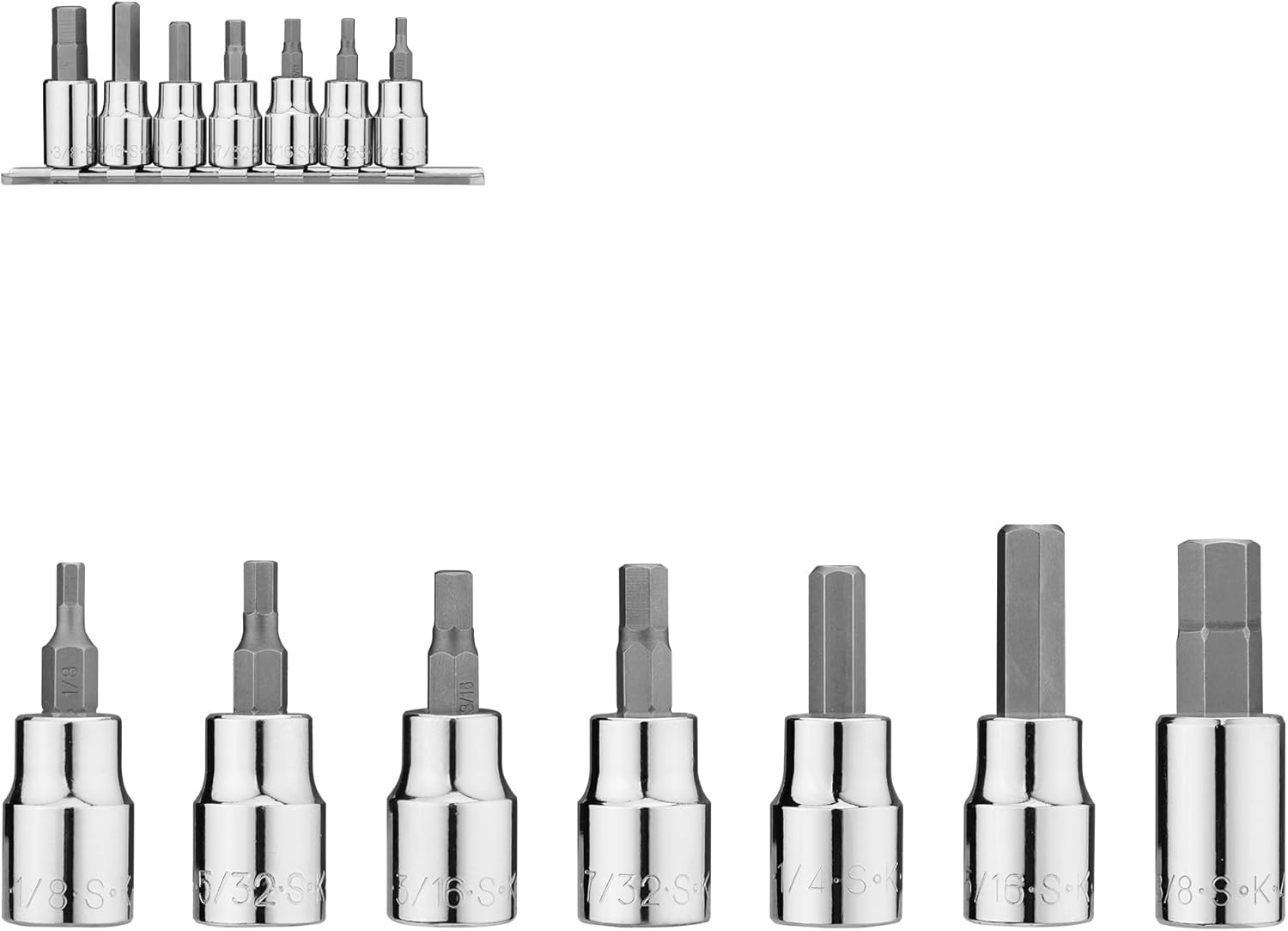 SK Tools USA 3/8" Drive, 7 Piece, Standard, SAE, Chrome Hex Bit Socket Set: 1/8" - 3/8" | 19723