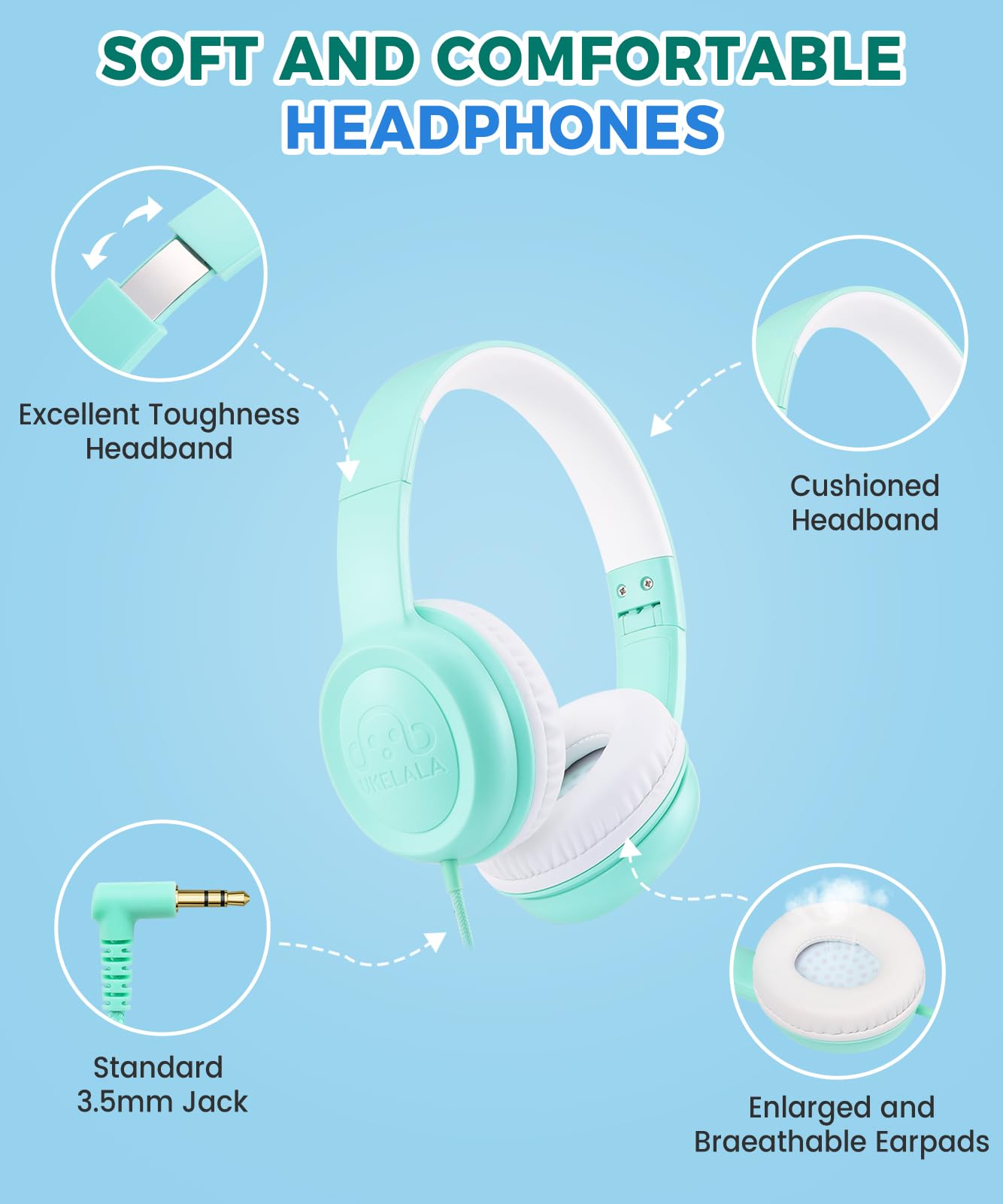 UKELALA C3 - Auriculares con cable para niños, auriculares con cable para niños y niñas con conector de 3.5 mm, plegable, diadema ajustable, auriculares para niños, para escuela, hogar, avión,