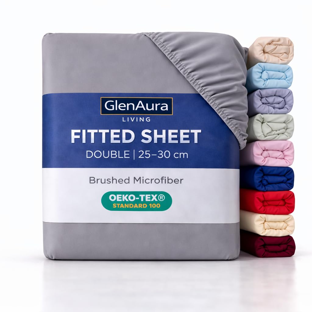 GlenAura Living Fitted Sheet Double, Ash Grey - Deep Pocket 25cm - OEKO-TEX Certified - Brushed Microfibre - Bed Sheet, Soft Stretch Fit, Wrinkle Fade & Shrink Resistant