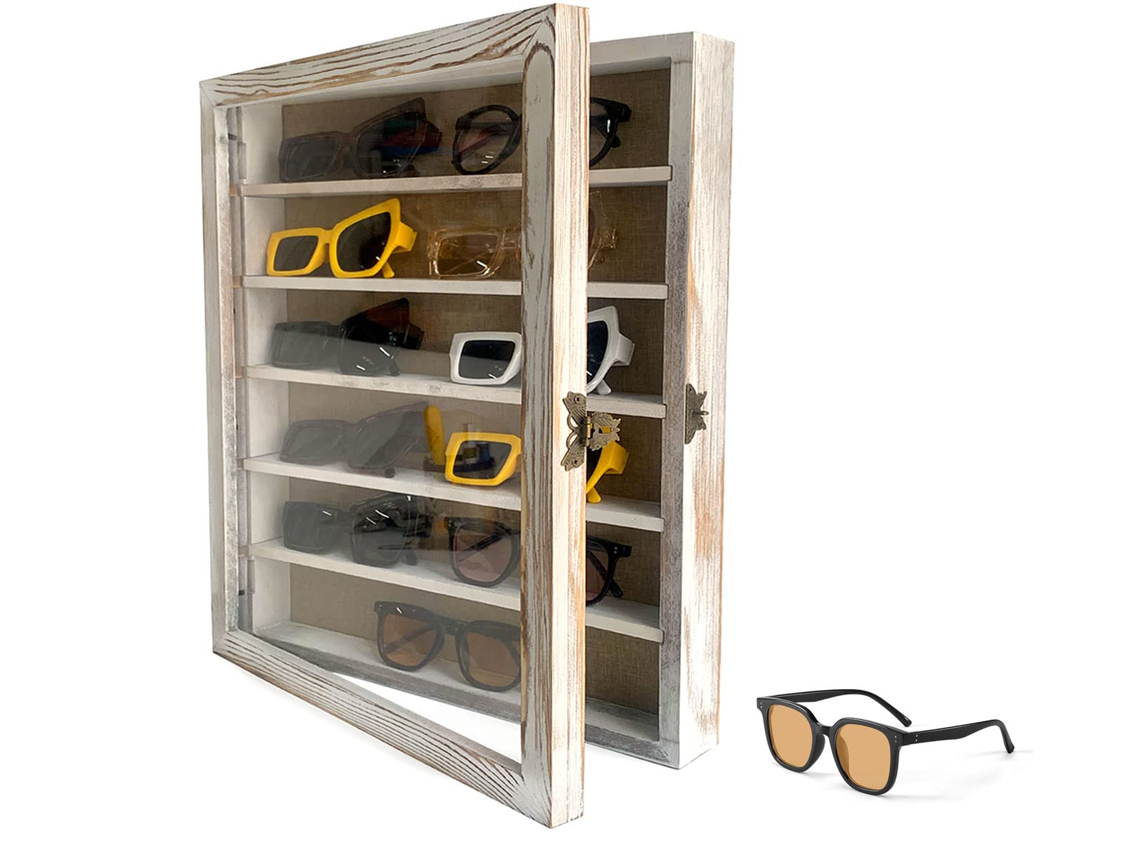 WANLIAN Sunglasses Organizer Storage Wall Mounted?16x20 Inch Eyeglasses Display Case ?with 5 Removable Shelves ?for Display Sunglasses Large Glasses ?Holds 12 Pairs of ?Rustic White?