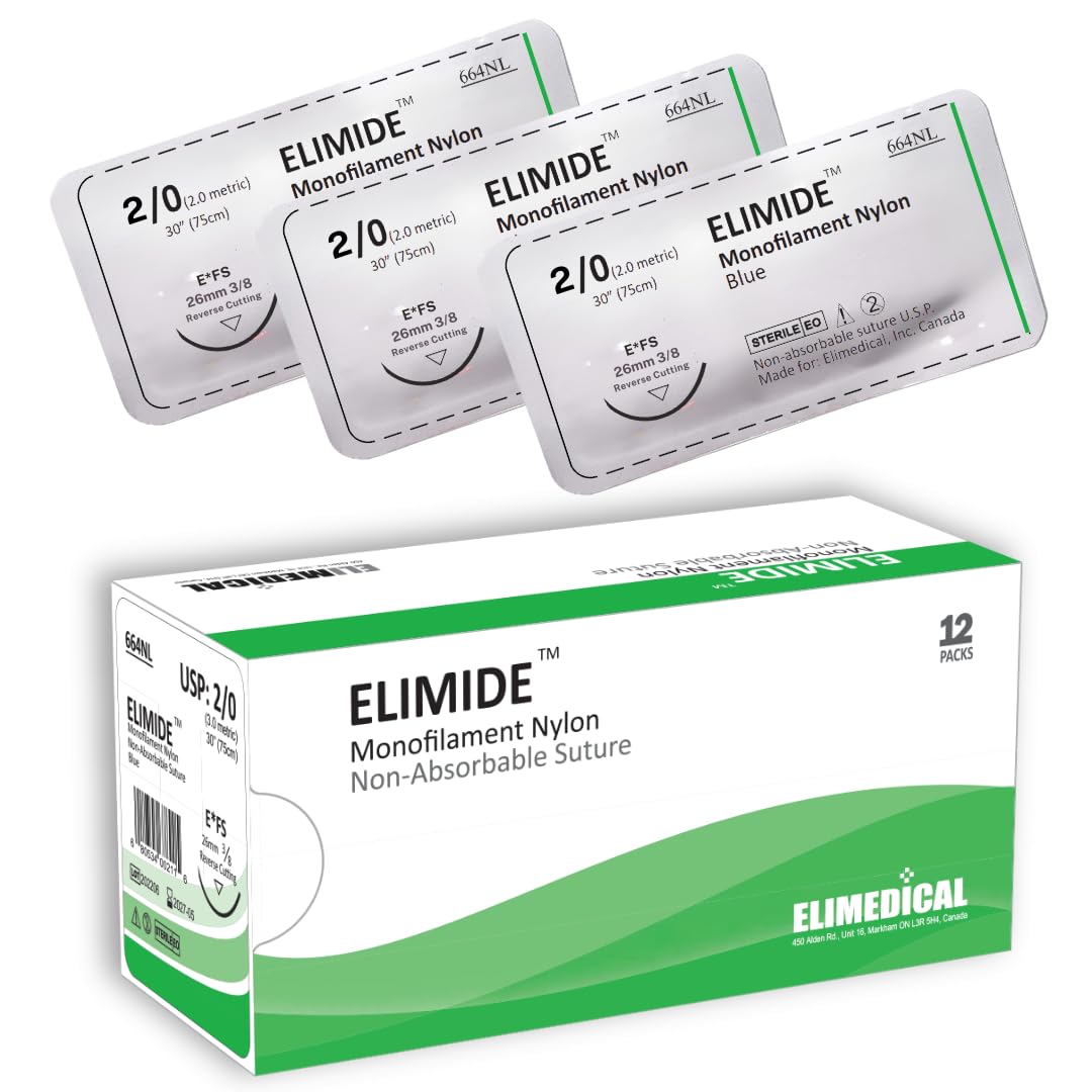 ELIMIDE Veterinary Nylon Non-Absorbable Monofilament Sutures, Reverse Cutting, 3/8 Circle, 26mm, 2/0 30 inch (76 cm), FS, Blue, 664NL