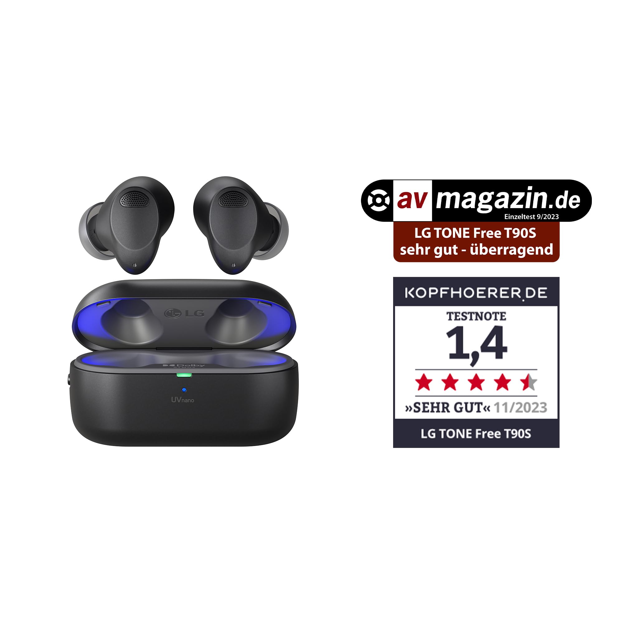 LG Tone Free T90S In-Ear Bluetooth Kopfhörer mit Dolby Atmos-Sound, Meridian-Technologie, ANC (Active Noise Cancellation), UVnano & IPX4-Spritzwasserschutz - Schwarz