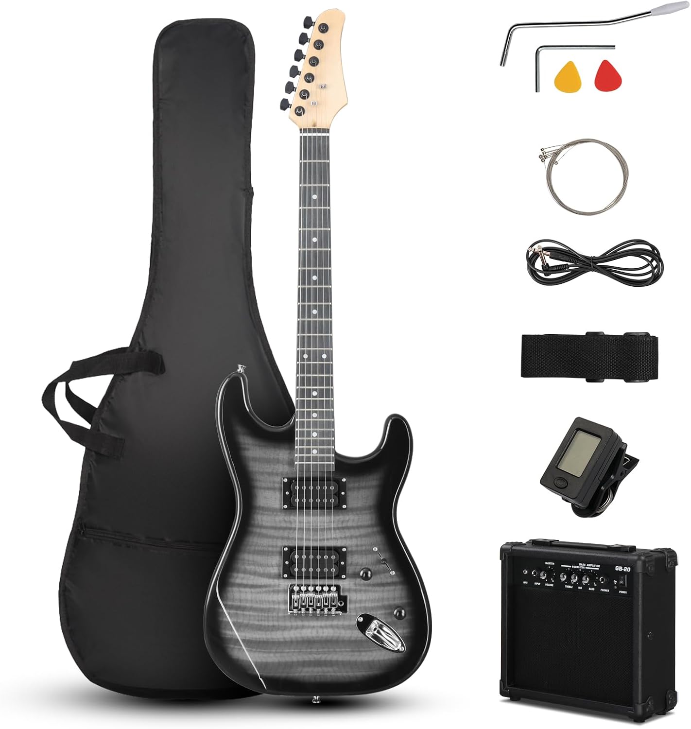 Ktaxon Electric Guitar Kit, 39 Inch H-H Pickups Beginner Electric Guitar Set with 20W Amplifier, Bag, Strap, Cable, Accessories for Adults & Teens (Tiger Black)