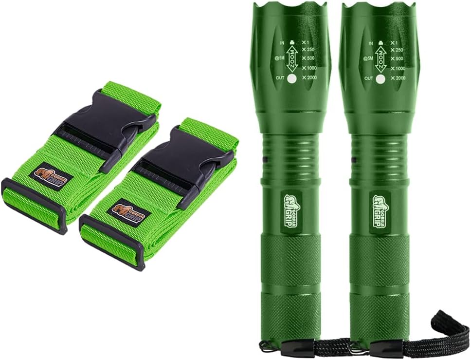 Gorilla Grip Luggage Straps and Tactical Flashlights, Luggage Straps Tightening Belts 2 Pack in Green, Tactical Flashlight Adjustable Mode 2 Pack in Hunter Green, 2 Item Bundle