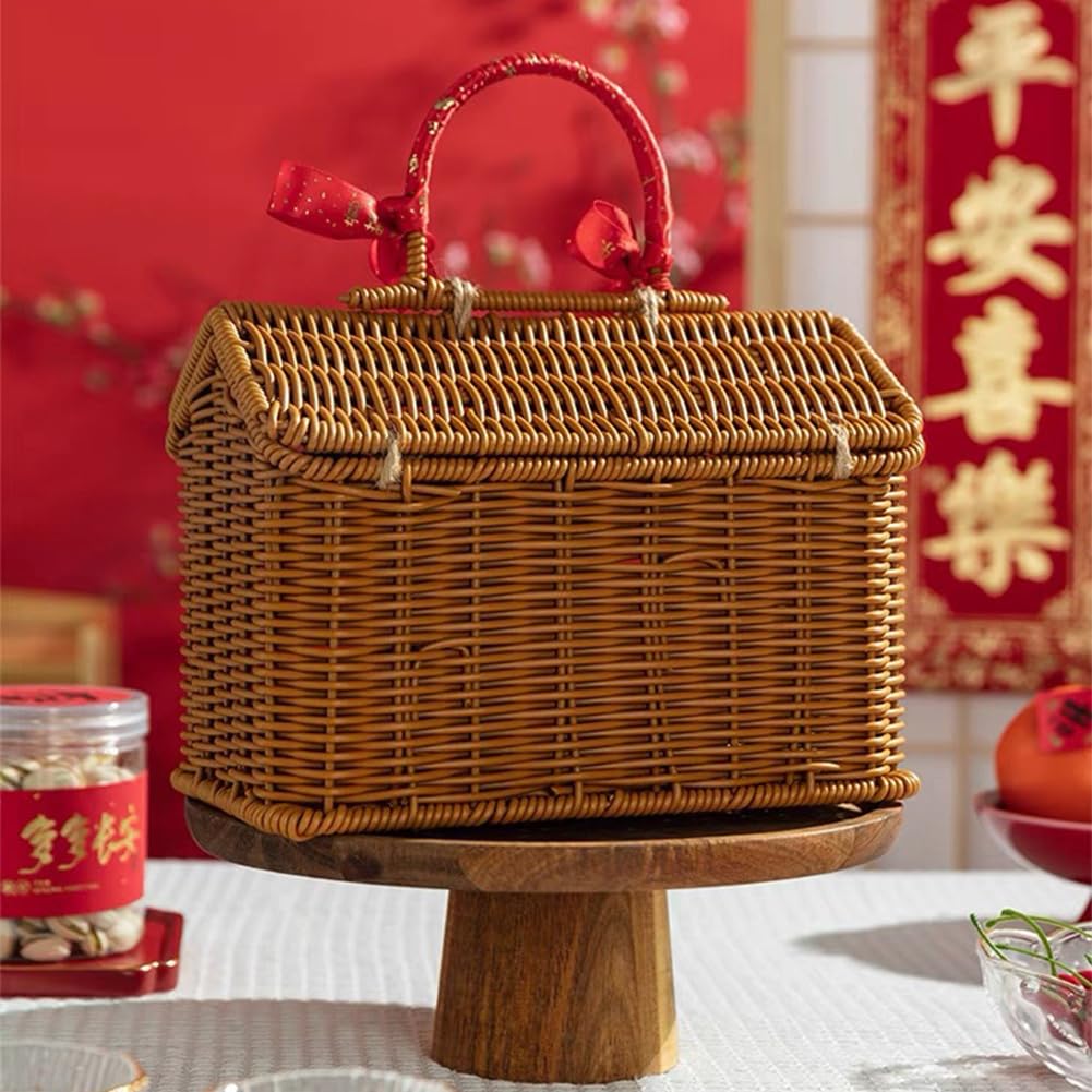 Rattan House Shaped Basket With Lid With Folding Handle For Picnics, Easter, Organizing, Storage | PH