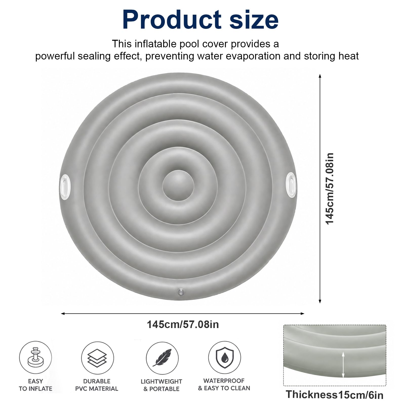 Cubierta hinchable para jacuzzi de bajo consumo con asas, tapa impermeable para spa y jacuzzis inflables (gris, diámetro 165 cm redondo)