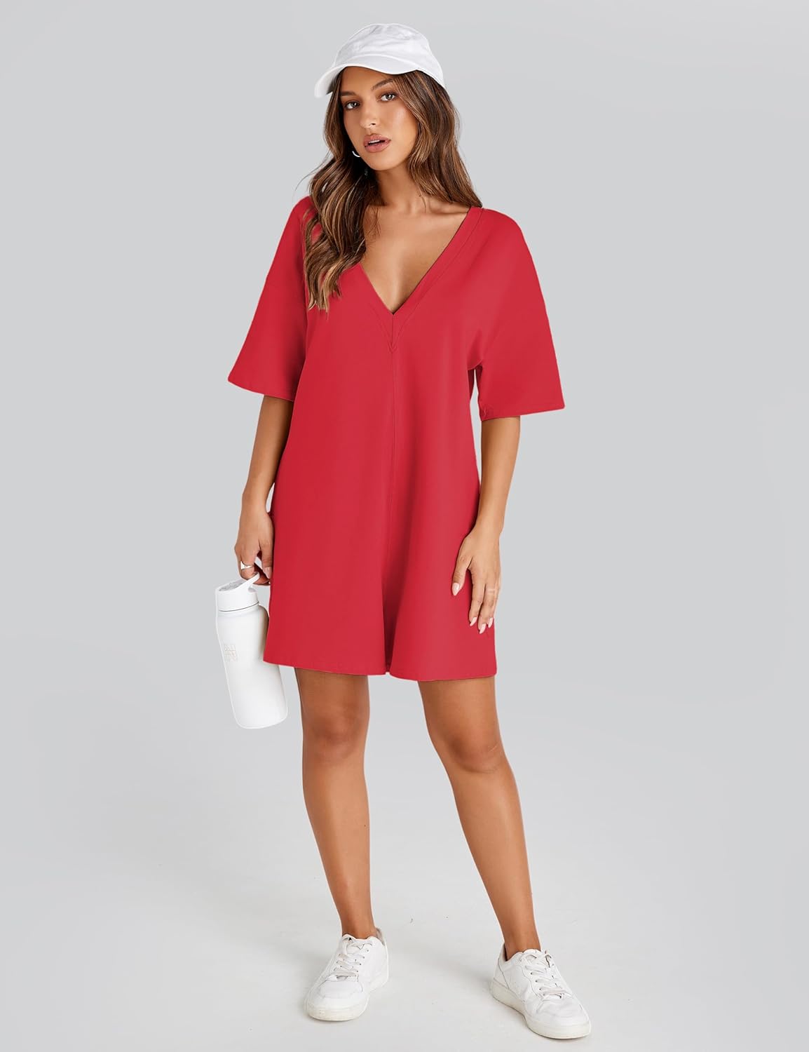 Yeokou Rompers for Women Casual Short Sleeve Oversized Athletic Workout Reversible Hot Shot Tee Romper Deep Pockets