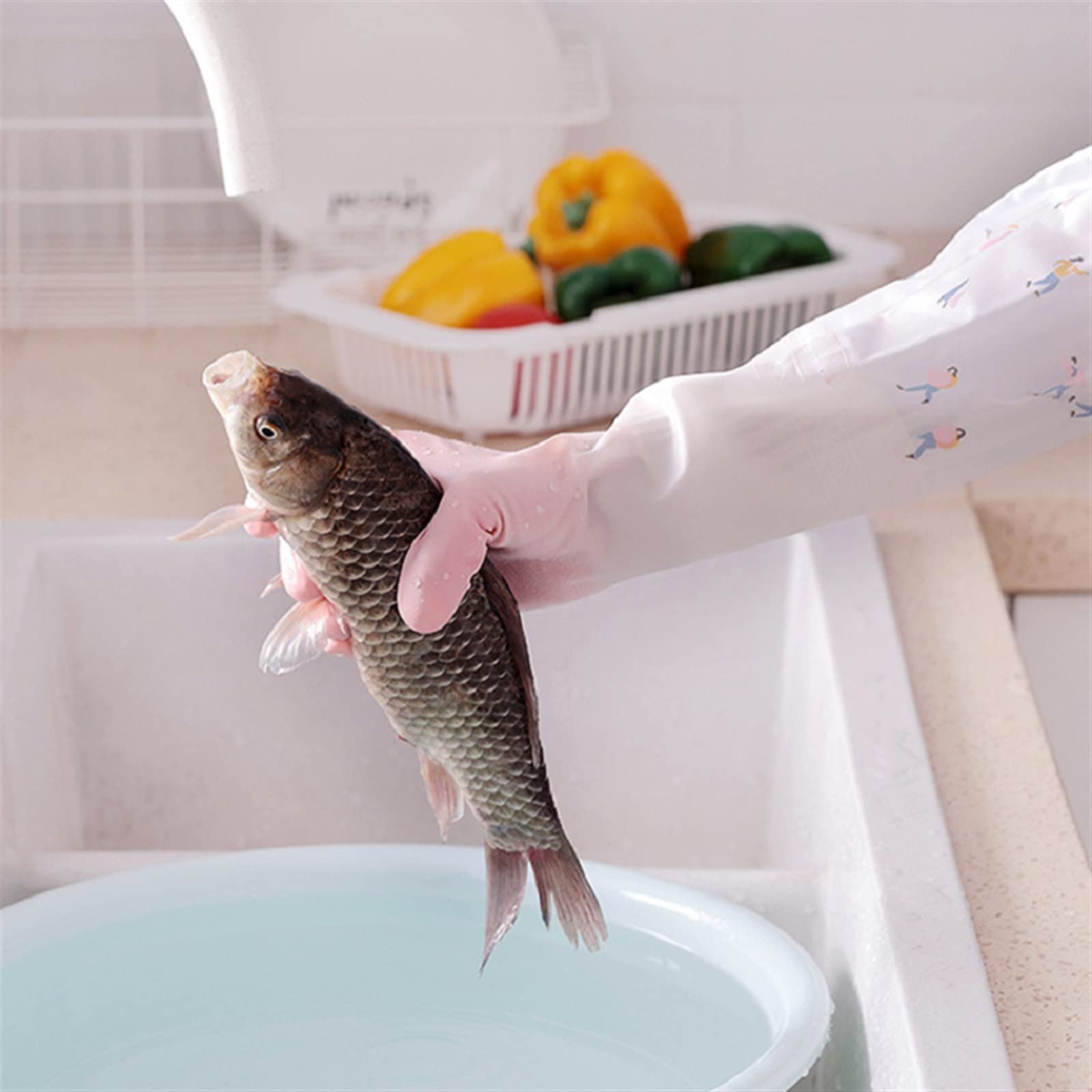 Guantes domésticos de lavado de caucho impermeable Waterproof Rubber Kitchen Cleaning Washing Household Extended Durable Household Dishwashing Gloves(Roze)