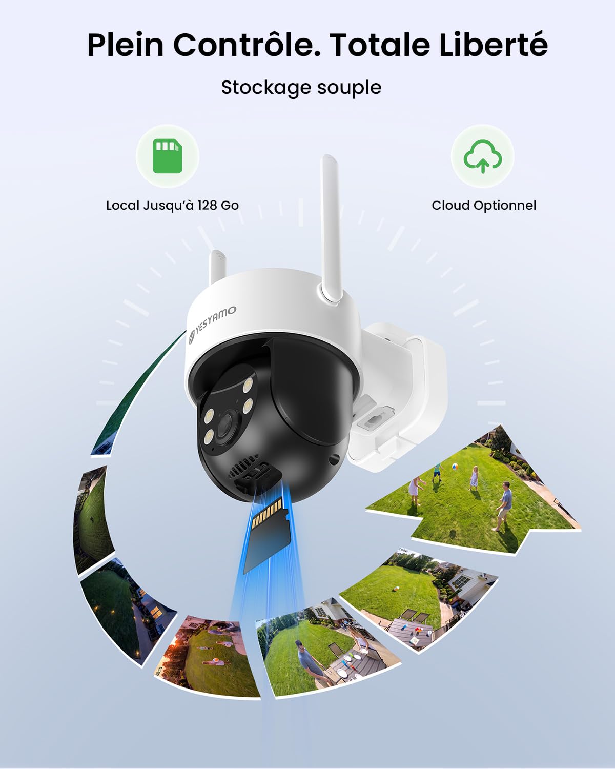 YESYAMO 4MP AOV Camera Surveillance WiFi Exterieure sans Fil Suivi Auto | Enregistrement Continu 24/7, Détection IA 30m, Solaire 9W, Batterie 9000mAh, PTZ 355°/90°, Alarme Son/Lumière, 2,4GHz, IP65