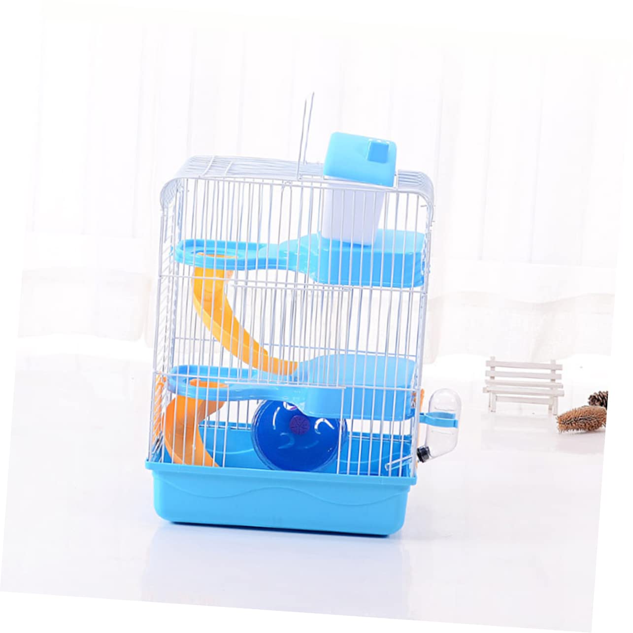 Gabbia per Criceti a Tre Livelli Ruota e Beverino Blu | Pp e Filo di Ferro, Struttura a Scivolo Multilivello, 23×17×45cm per Cincillà e Piccoli Animali