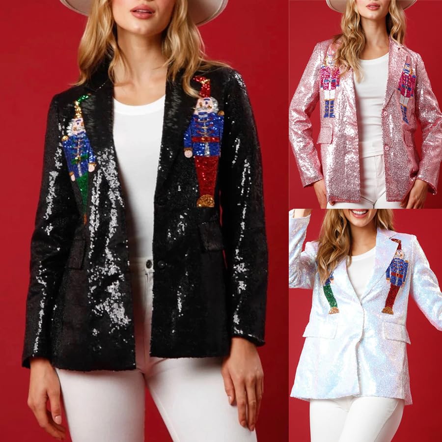 Nutcracker Blazer Pink Sequin Nutcracker Jacket Christmas Blazer Shiny Suit Jacket Open Front Glitter Holiday Blazers 6