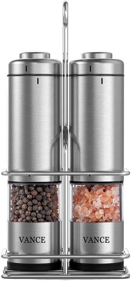 Electric Salt & Pepper Grinder Shaker Mill Set With Stand Battery Operated Adjustable Ceramic Coarseness Durable Stainless Steel Mills With Clear Window For Himalayan & Sea Salt (2 pack)