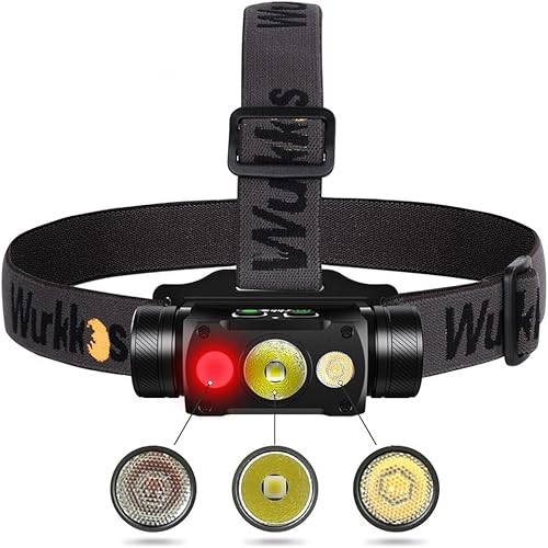 Wurkkos Linterna frontal LED recargable de alto lúmenes, HD50 4000 lúmenes, lámpara de cabeza súper brillante con luz blanca roja, 90 de alto CRI,