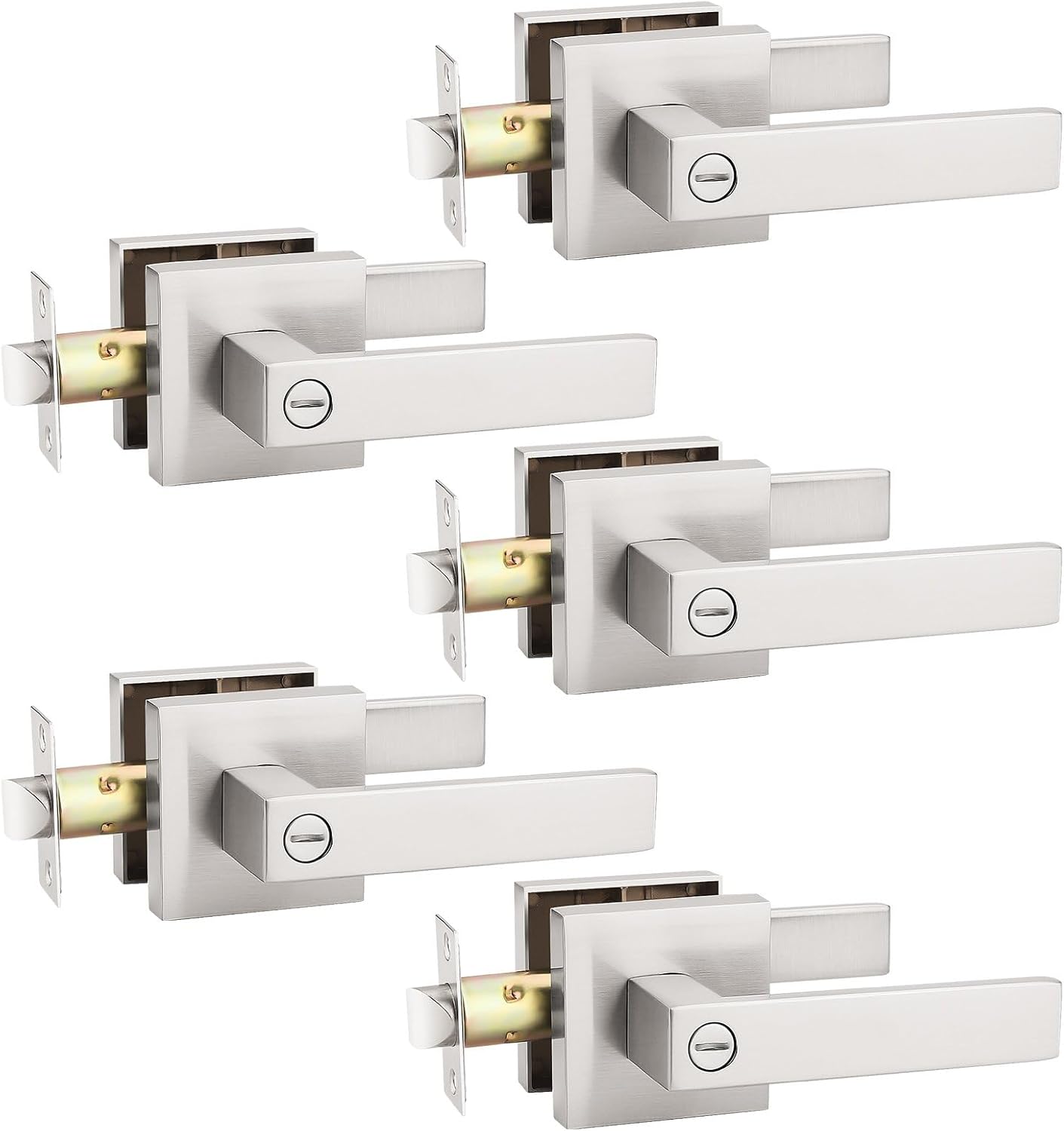 KNOBWELL 5 Pack Privacy Door Handle Brushed Nickel, Modern Square Door Lever Interior Door Knob with Lock, Keyless Bedroom Lever Door Handle(No Key)