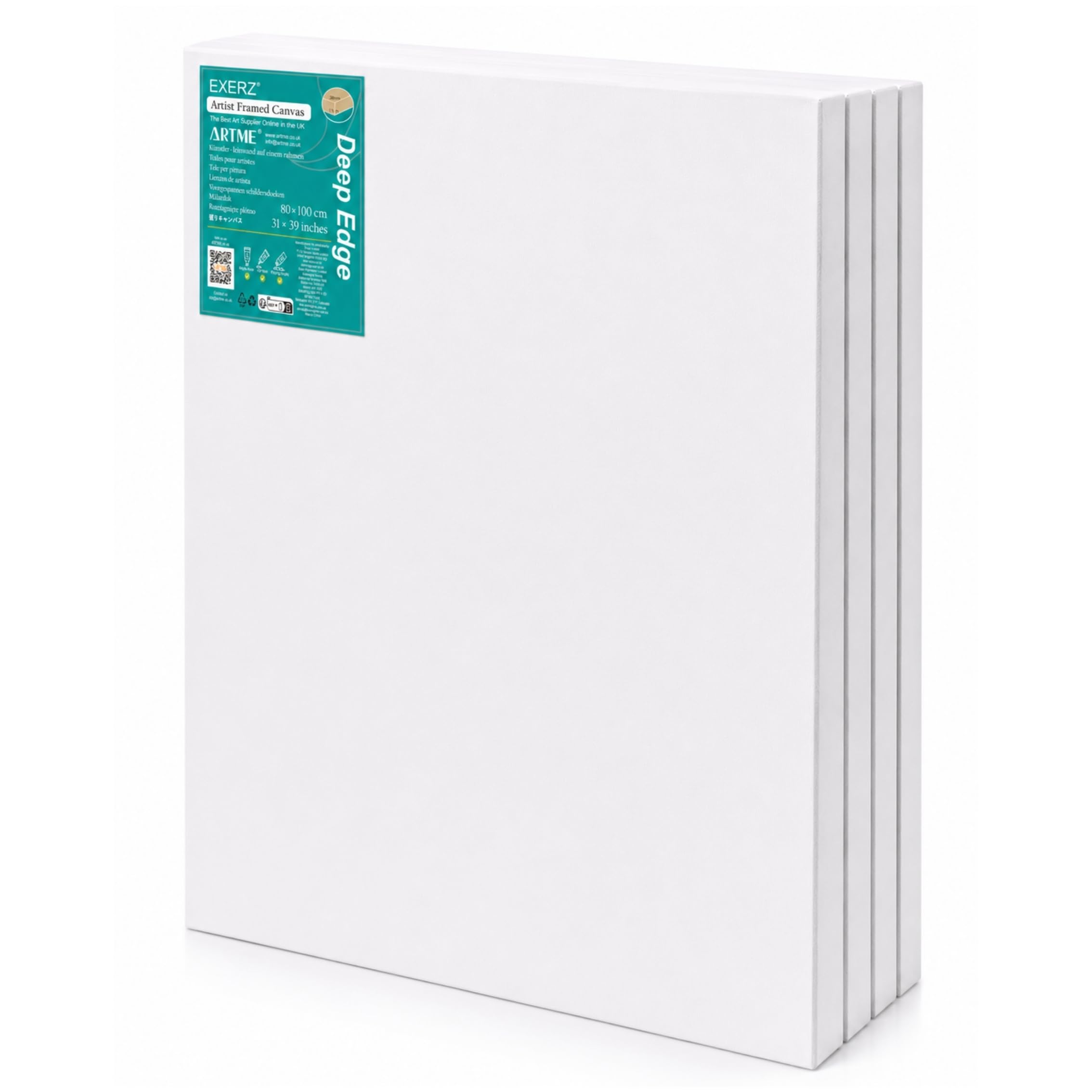 Exerz White 80X100cm Canvas Deep Edge 4Pk, 3D Artist Framed 3.8Cm 380Gsm Pre-Stretched 100% Cotton/Blank/Triple Primed/Acid Free/Medium Grain, Acrylic & Oil (80X100cm 4Pk)