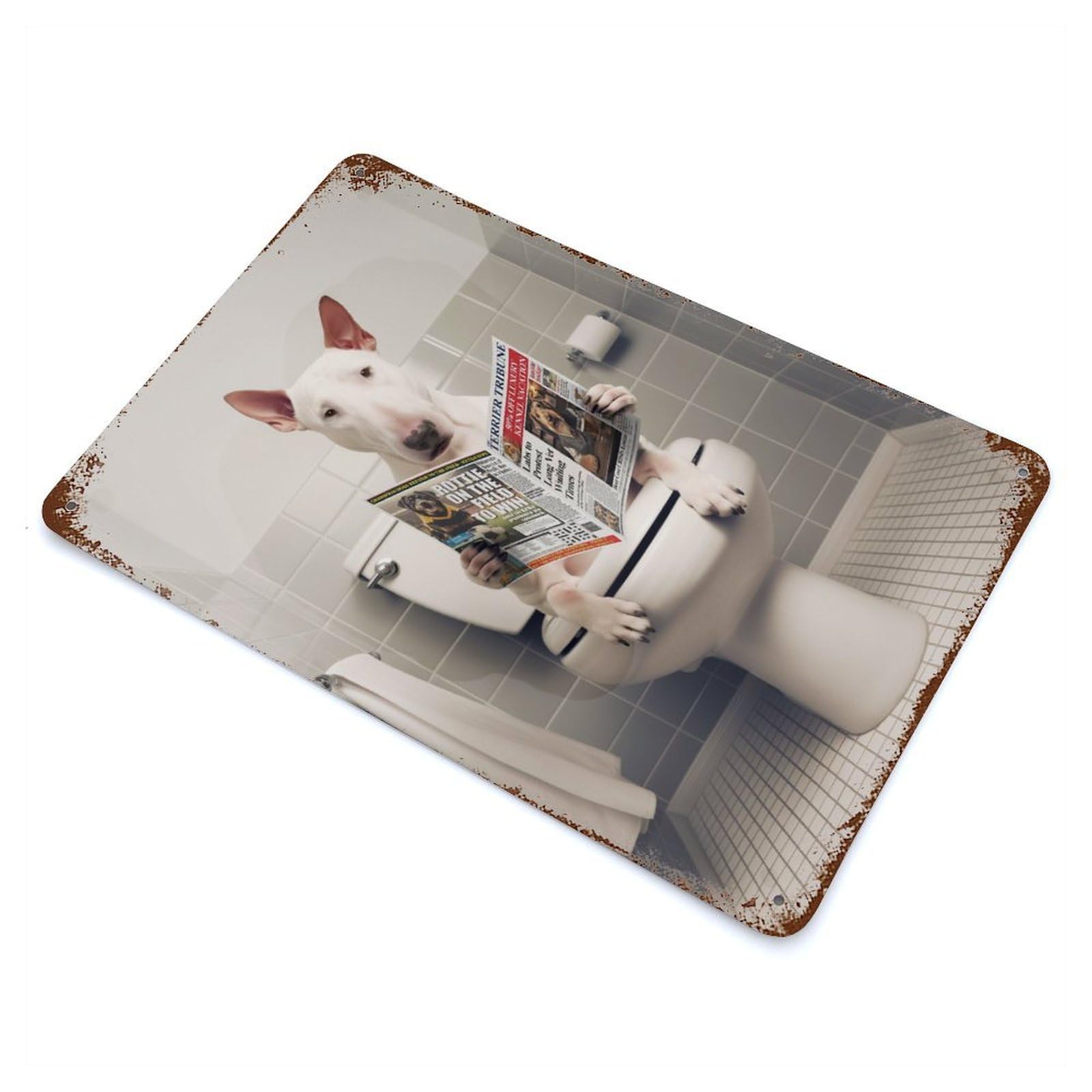 Bull Terrier on The Toilet Rustic Tin Plaque 11.8"x7.9", for Living Room, Hallway And Home Decor, Decorative Metal Wall Art