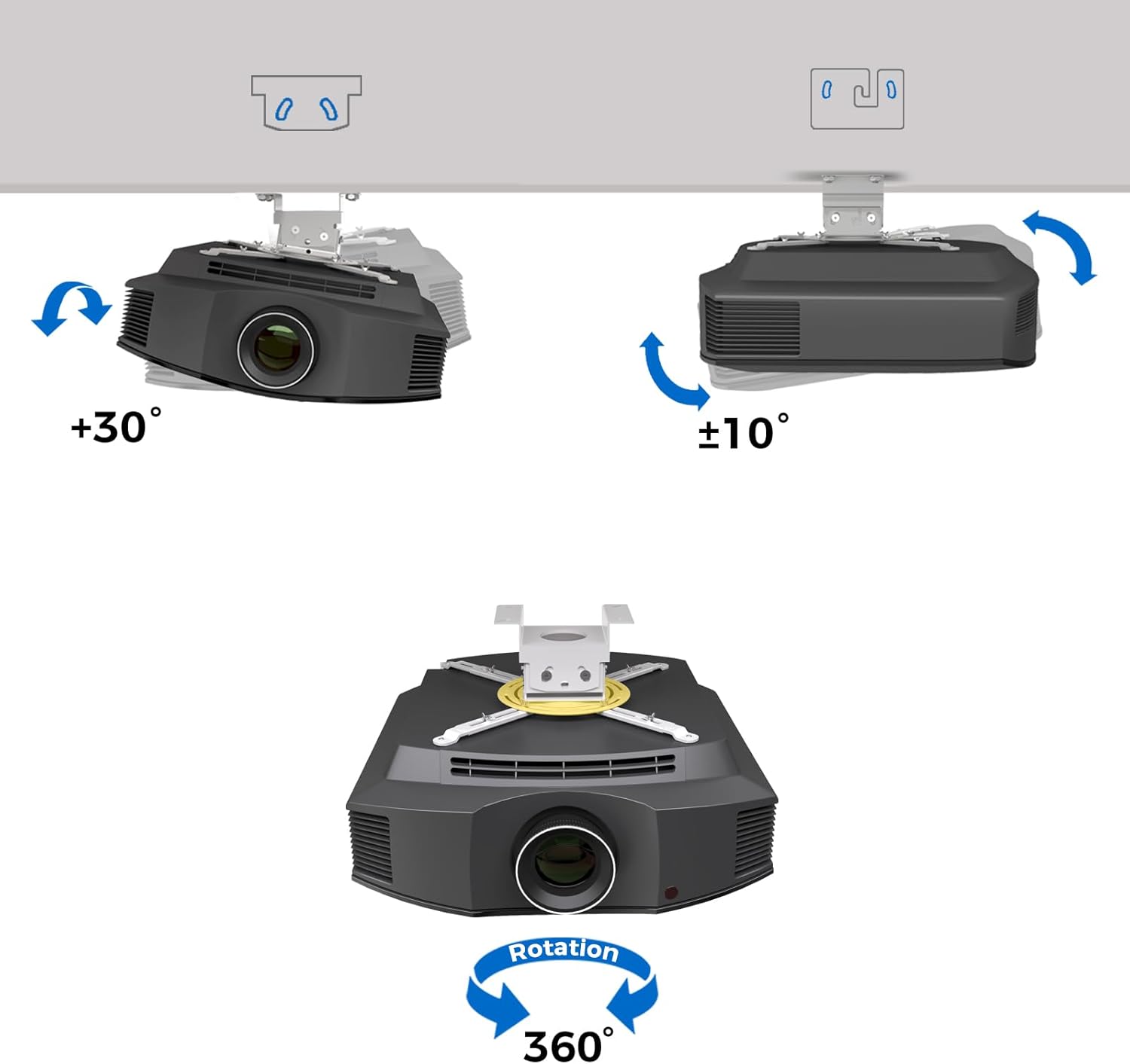 Low Profile Projector Ceiling Mount Universal, 22 lbs Max Weight, 360° Rotation 30° Tilt | Universal Projector Bracket 3.3" High, Suspended Drop Ceiling Mount Kit for Home & Office Projectors(Black)