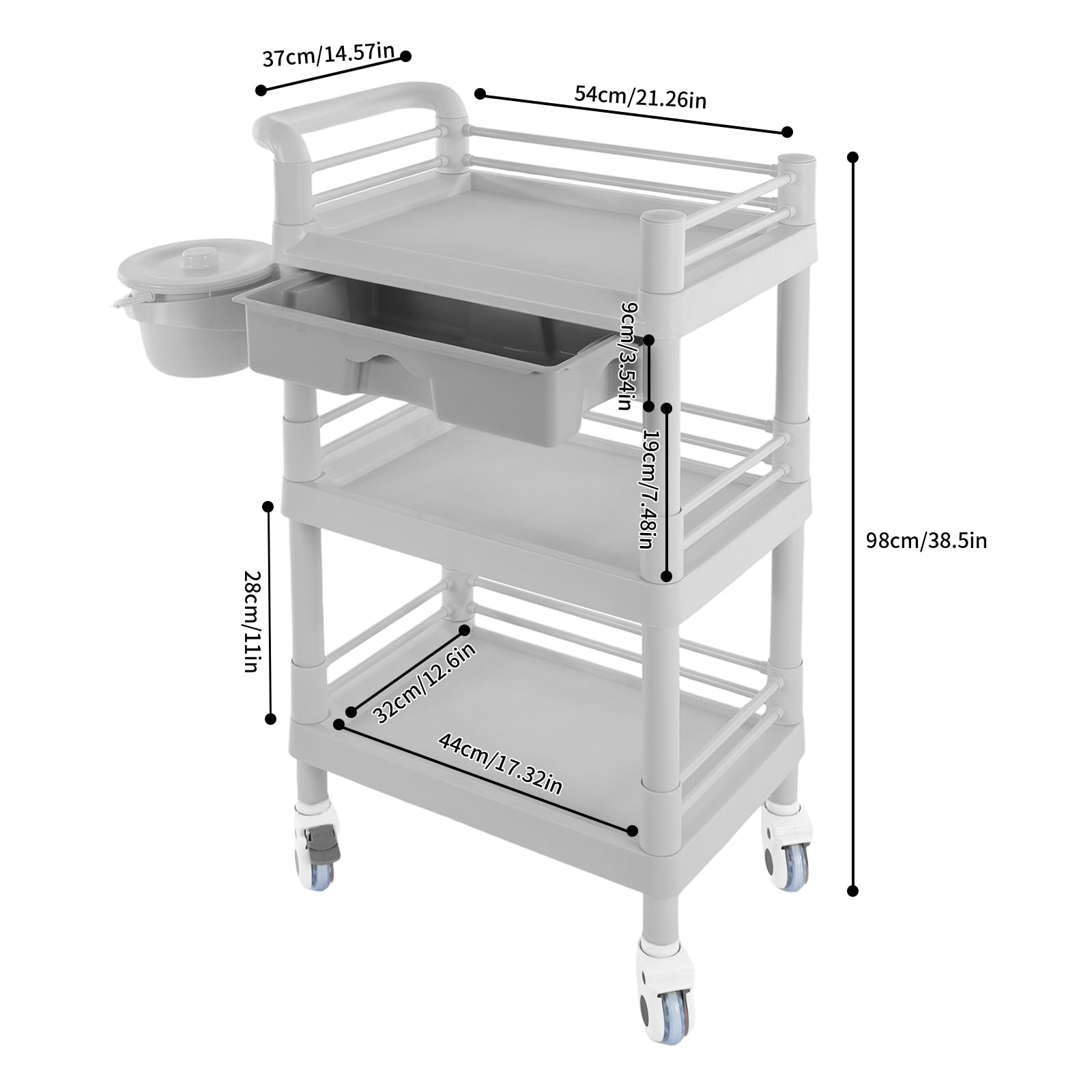 Salon Möbel Spa Beauty Trolley Rolling Cart - Carrito de belleza de 3 niveles, con cajón para salones de peluquería, salones de belleza, color gris