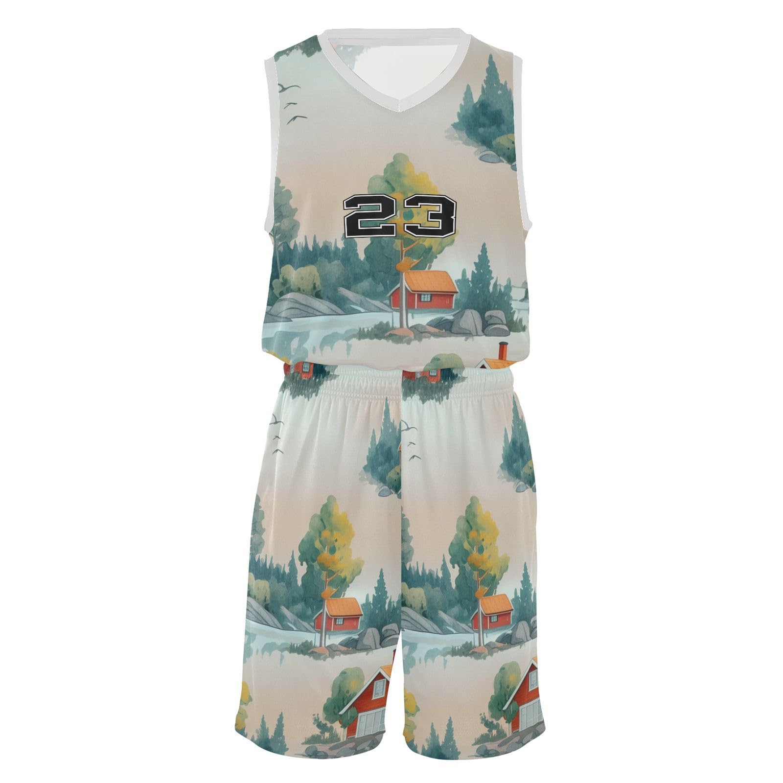 FLildon Cartoon Farmhouse Landscape Boys Basketball Jersey Set Tank Top Shorts Tracksuit Sport Training Suit for Kids, L