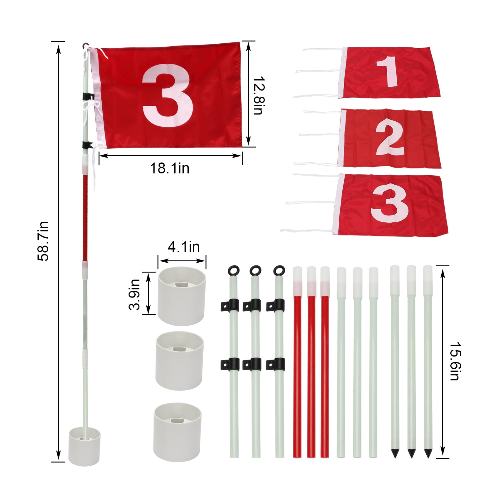 Golf-Flaggenstock, 1,8 m, Nylon-Pin-Flagge, ABS-Loch-Cup-Set, tragbares 5-teiliges Design, nummerierte Flaggen für Driving Range Hinterhof, Putting Green Flags für Golf-Übung