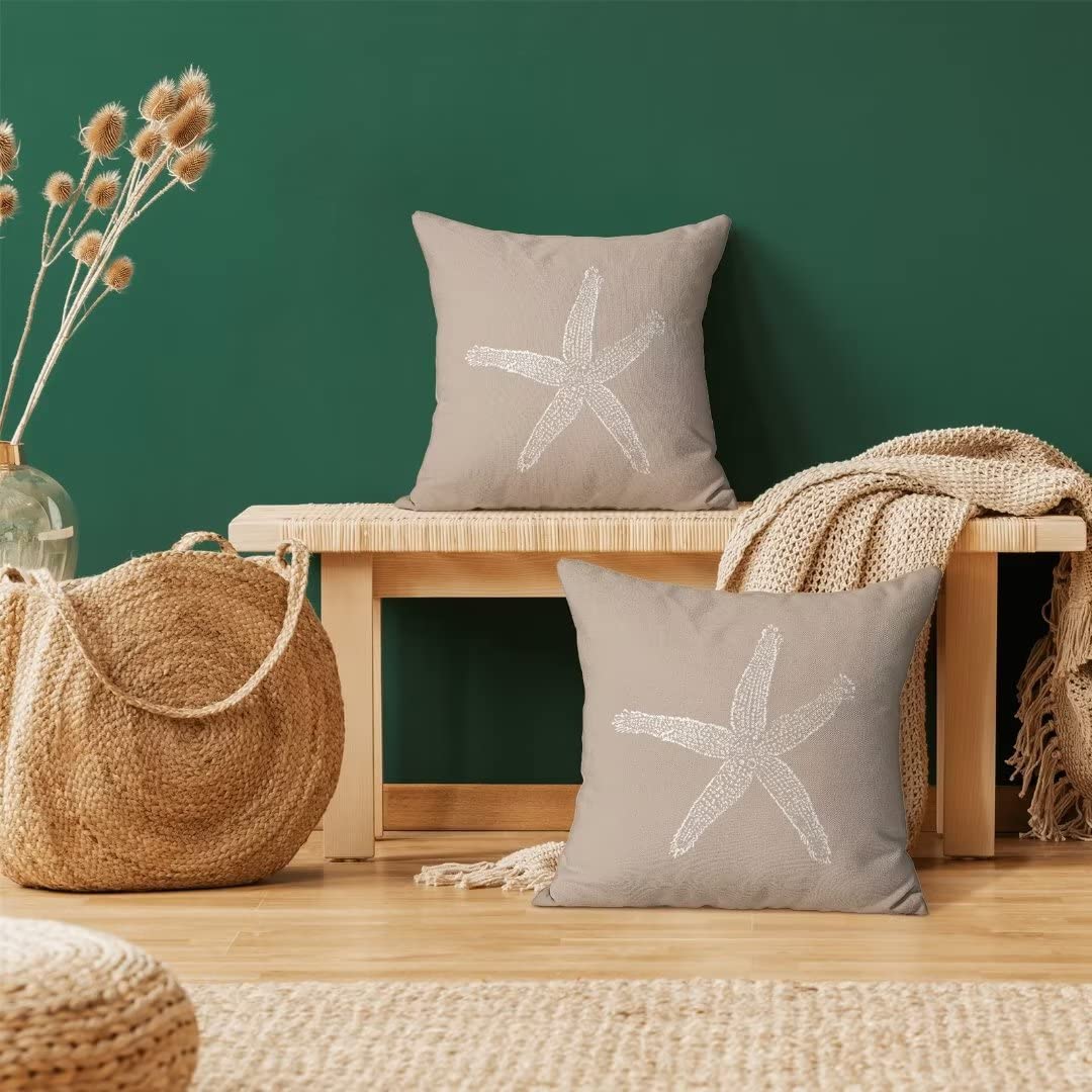 AEIOAE Coastal Coral Pillow Covers Set Of 2 - 18x18 Inch Starfish Beach Throw Covers, Linen Blend, Hidden Zipper - View #5