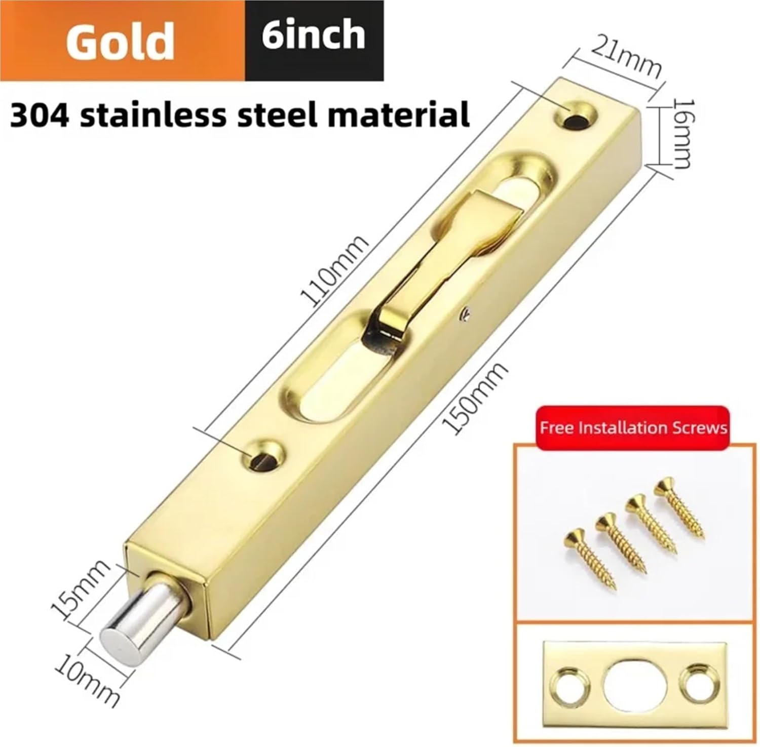 Flush Bolt 4sets 304 Stainless Steel Open-Mounted Latch, Wood Doors and Windows Anti-Theft Door Pin(Gold-6inch)