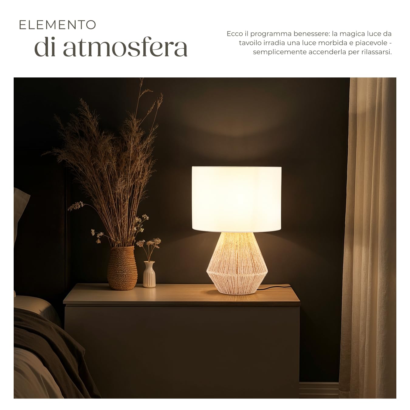 tectake® Lampada Da Tavolo, Lampada Da Scrivania, Lampade da Comodino In Juta, Abat Jour con accenti Luminosi Stile Boho, 60W, E27, Paralume Struttura in Acciaio, Base In Cemento - Ø 32 x 45 cm