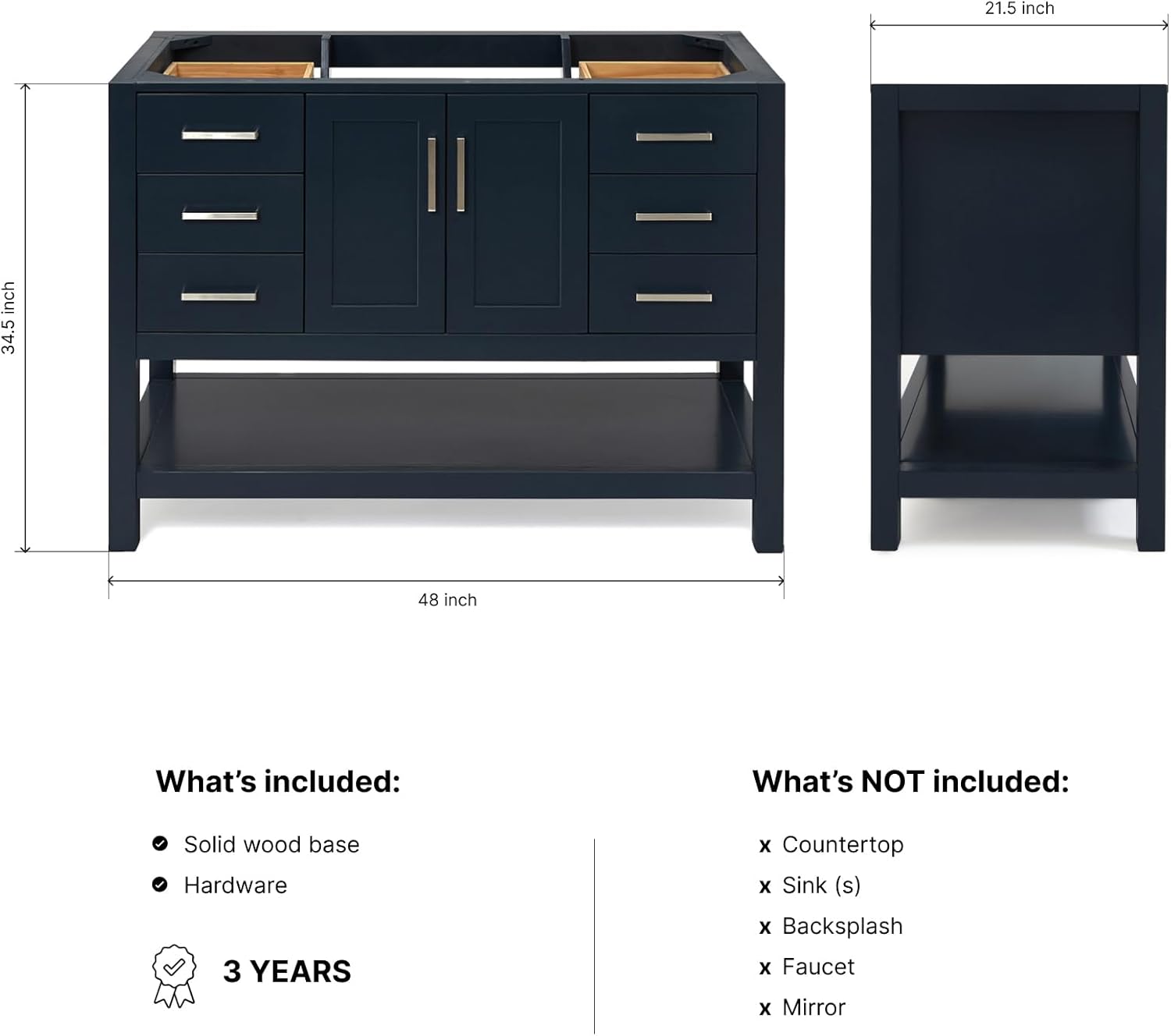 DKB Olivia 48-Inch Midnight Blue Bathroom Vanity Base Cabinet, Center Sink, Open Shelf, 2 Soft Closing Doors, 6 Full Extension Dovetail Drawers, Brushed Nickel Hardware