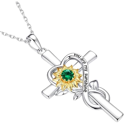 Iefil Mothers Day Gifts for Wife Mom - Sunflower Cross Necklace, 925 Sterling Silver Birthstone Necklace for Women Wife Mom